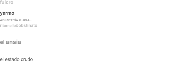 fulcro   'muestra artes vivas 2ºhangar' normal | espacio de intervención cultural - universidad a coruña. (A Coruña, 2-10-14).

yermo   Museo Barjola (Gijón, 02-11-12) / Festival Danza Kojoteki (Lugo, 23-11-13).
asimetría quiral    muestra elefante330 (A Coruña, 11-12-12).
ritornello&obstinato   (S8) Mostra de Cinema Periférico_Centro Sociocultural ÁGORA (A Coruña, 30-05-12 & 03-06-13) 
                                             Encargo-creación para la apertura y cierre del festival.

el ansia   estreno Teatro Rosalía de Castro (A Coruña, 02-03-12) / proyección de la pieza_ Playa Club (A Coruña, 25-05-12) / 
                           Teatro Principal (Compostela 29-4-14) / Teatro Principal, Burgos (12-03-16).

el estado crudo   estreno Teatro Rosalía de Castro (A Coruña, 24-10-10) / Festival ALT (Vigo, 18-02-11) / 
                                       AP-9 Congreso de Ingeniería Cultural_Recinto Expocoruña (A Coruña, 08-04-11) / 
                                       Teatre Tantarantana (Barcelona, 28y29-09-11) / Teatro Las Cigarreras (Alicante, 28-10-11) / 
                                       Teatro Filarmónica Oviedo (Oviedo, 29-09-12) / Teatro Clunia (Burgos, 8-11-14) /
                                       7º aniversario de la coreografía_ CDG - Centro Dramático Galego, Salón Teatro (Compostela, 6&7-10-17) /     
                                       Centro Cultural Eduardo Úrculo (Madrid, 2-10-18).